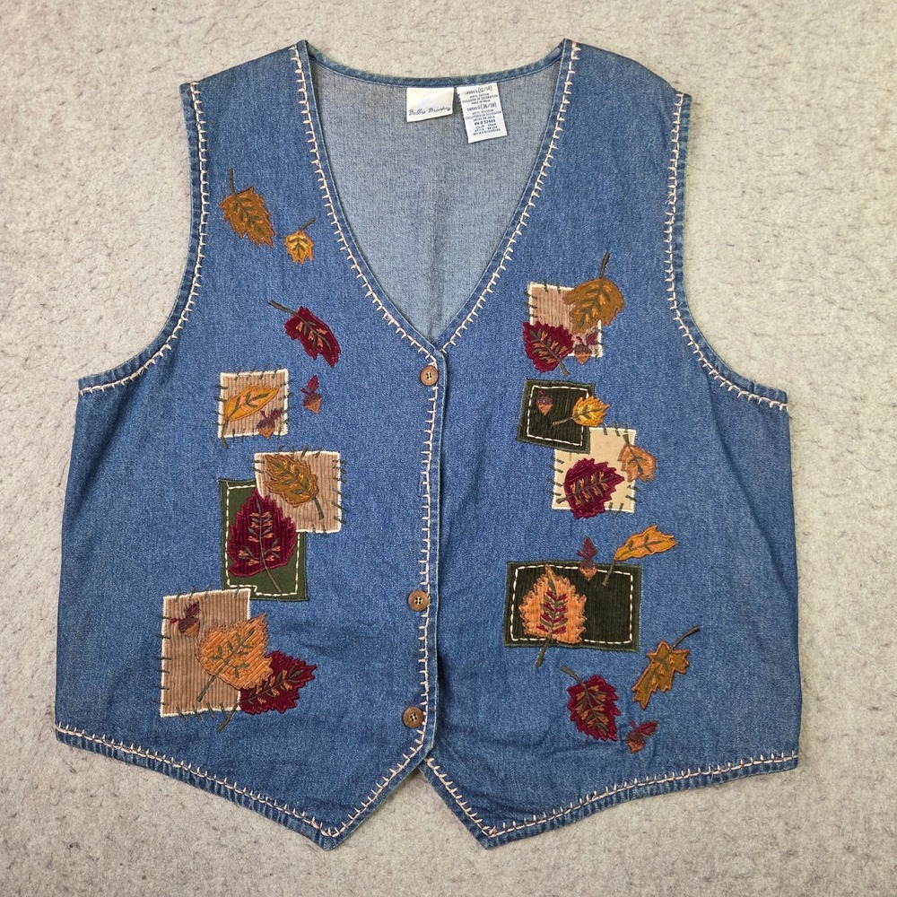 VTG Bobbie Brooks Denim Vest L Blue Fall Leaves Patchwork Corduroy Autumn